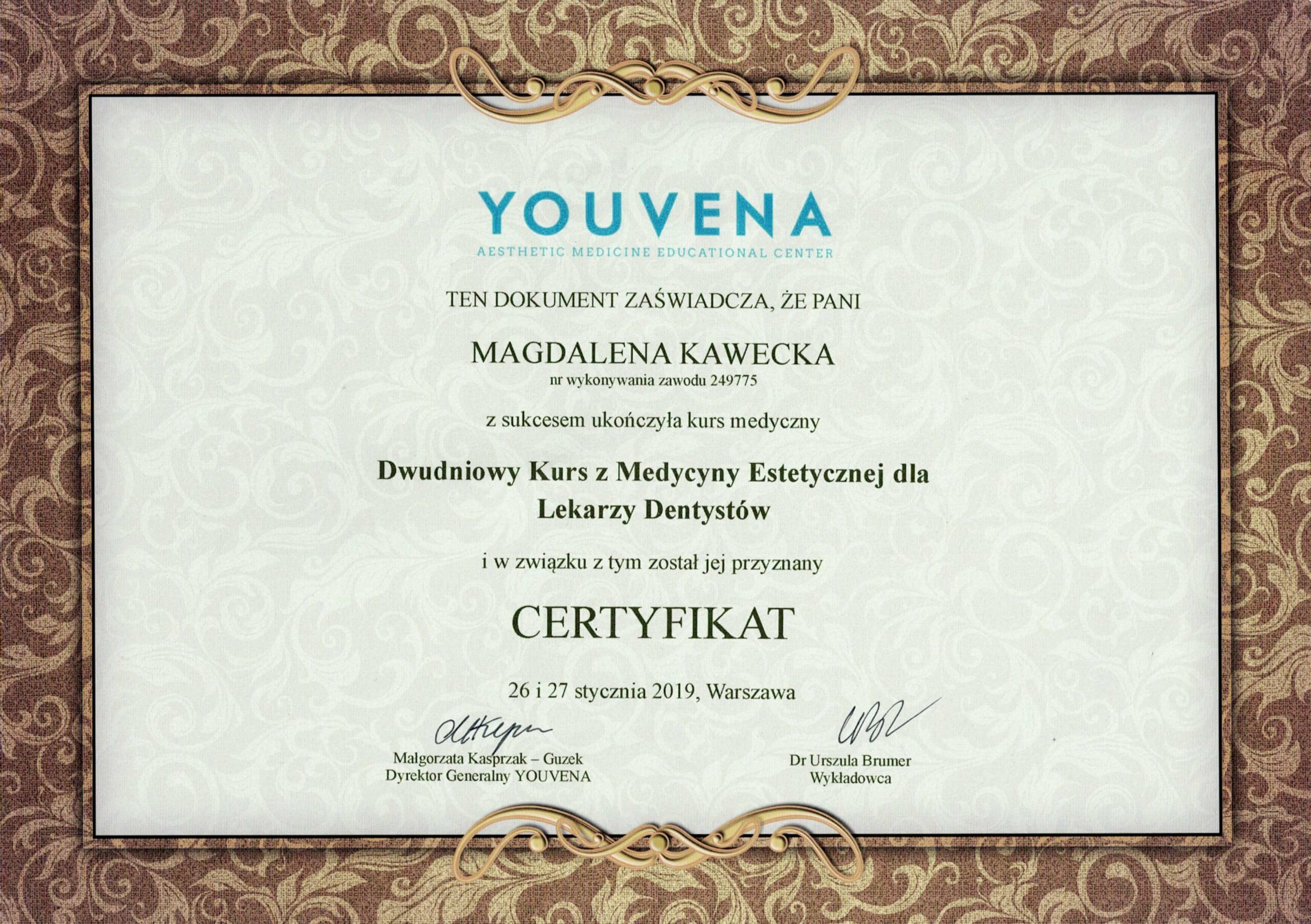 certyfikat Dwudniowy Kurs z Medycyny Estetycznej dla Lekarzy Dentystów
