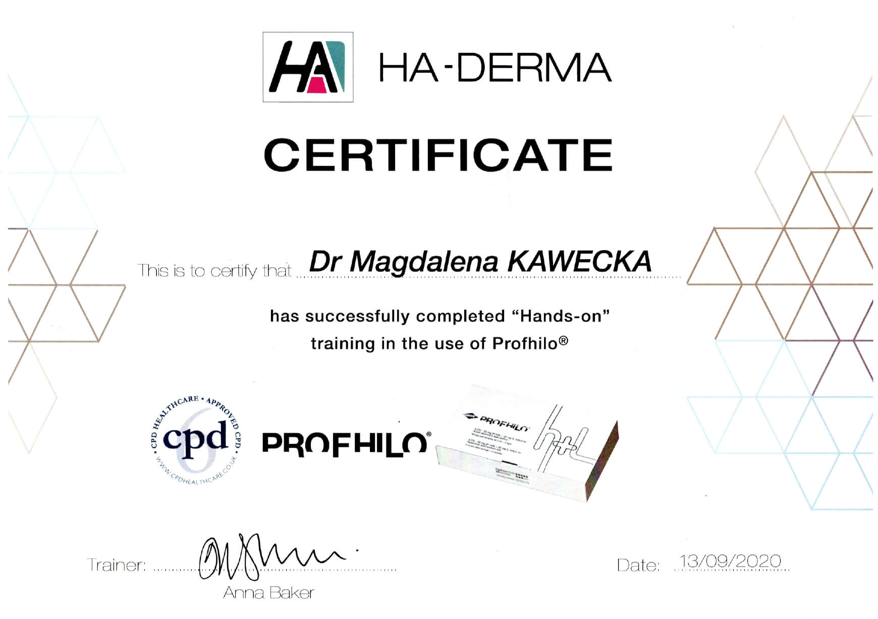 certyfikat hands-on" training in the use of Profhilo