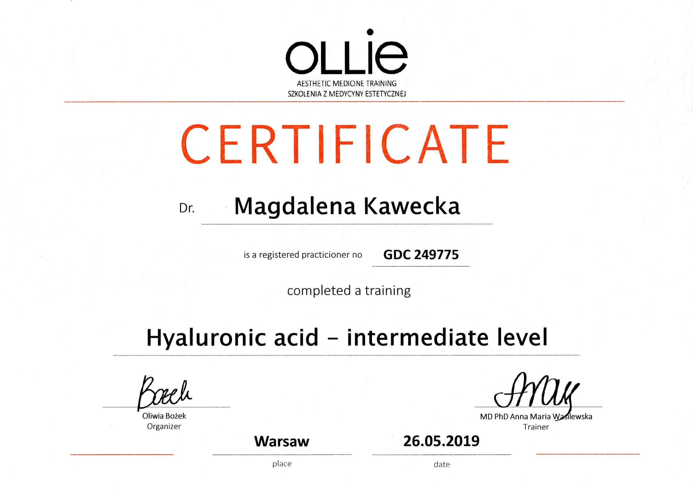certyfikat Hyaluronic acid - intermediate level