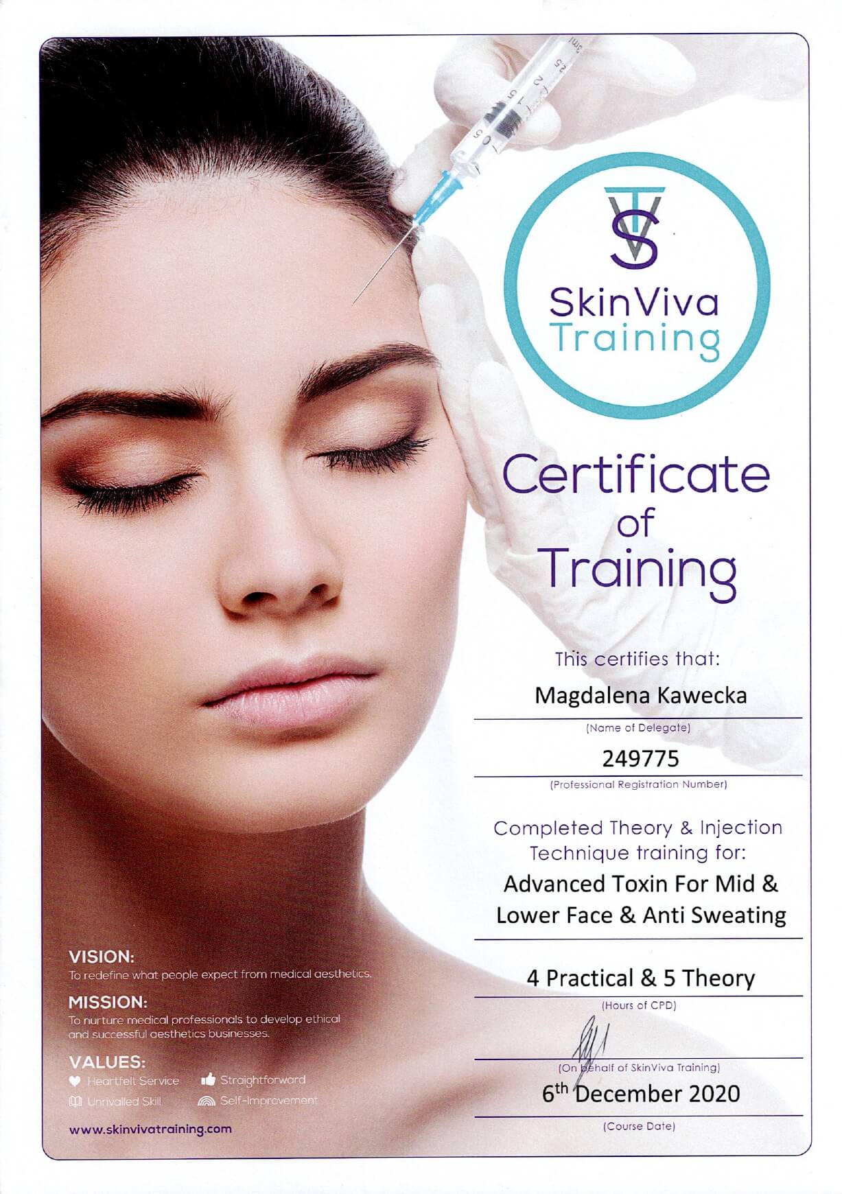 certyfikat Completed Theory & Injection Technique training for: Advanced Toxin For Mid & Lower Face & Anti Sweating