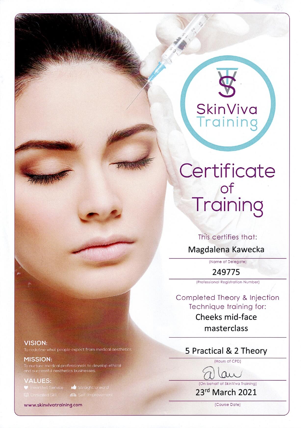 certyfikat medycyny estetycznej Completed Theory & Injection Technique training for: Cheeks mid-face masterclass