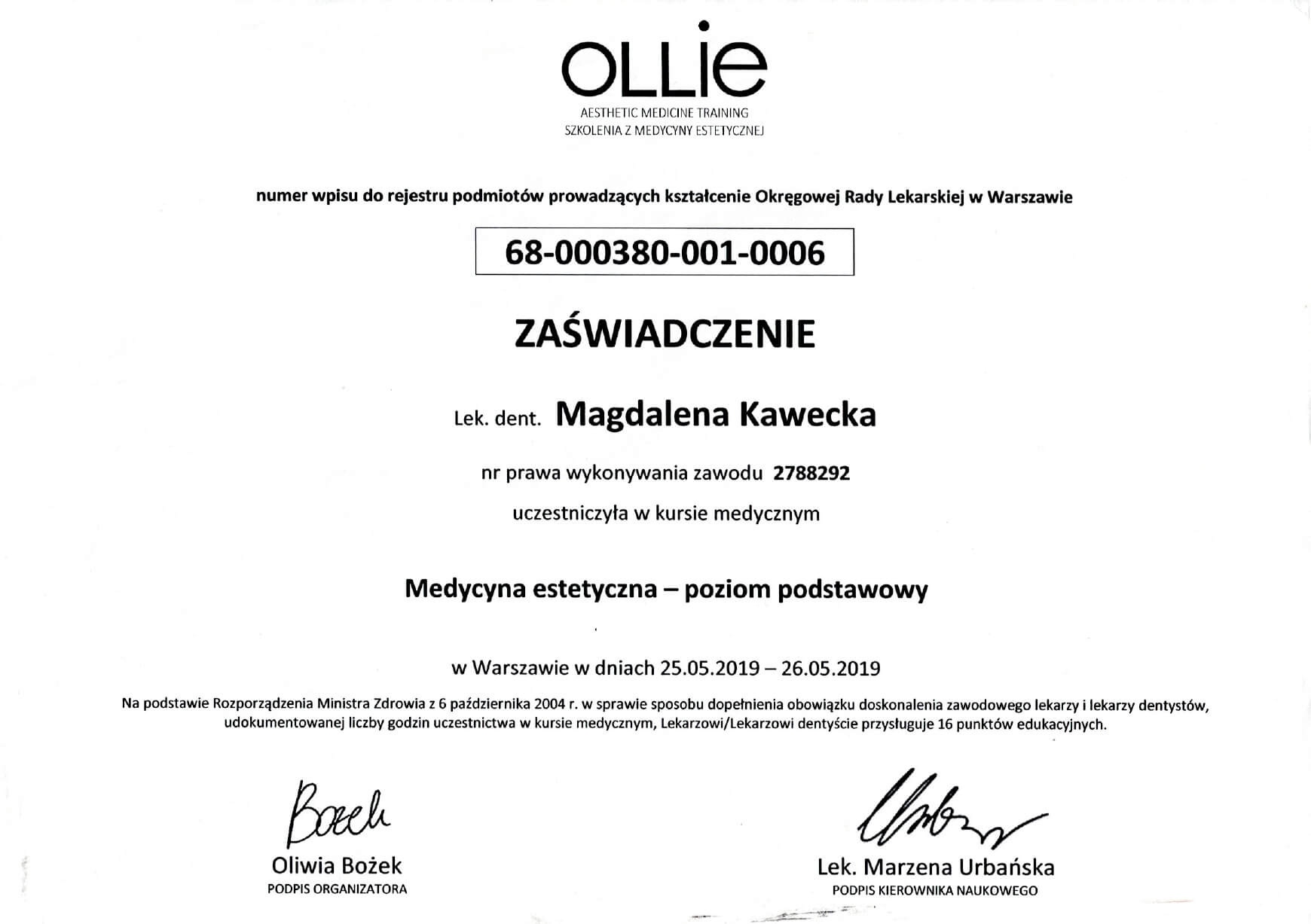 certyfikat Medycyna estetyczna - poziom podstawowy