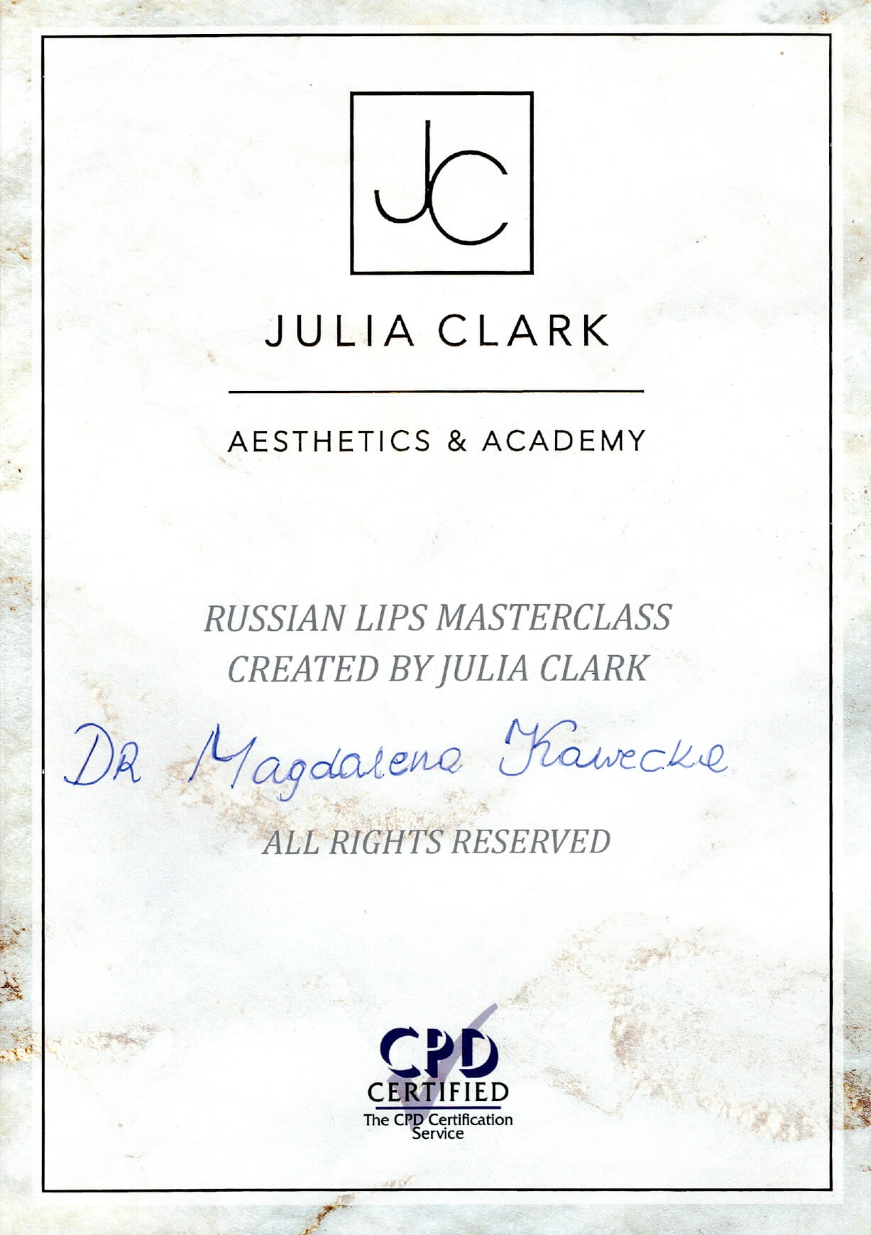 certyfikat RUSSIAN LIPS MASTERCLASS CREATED BYJULIA CLARK