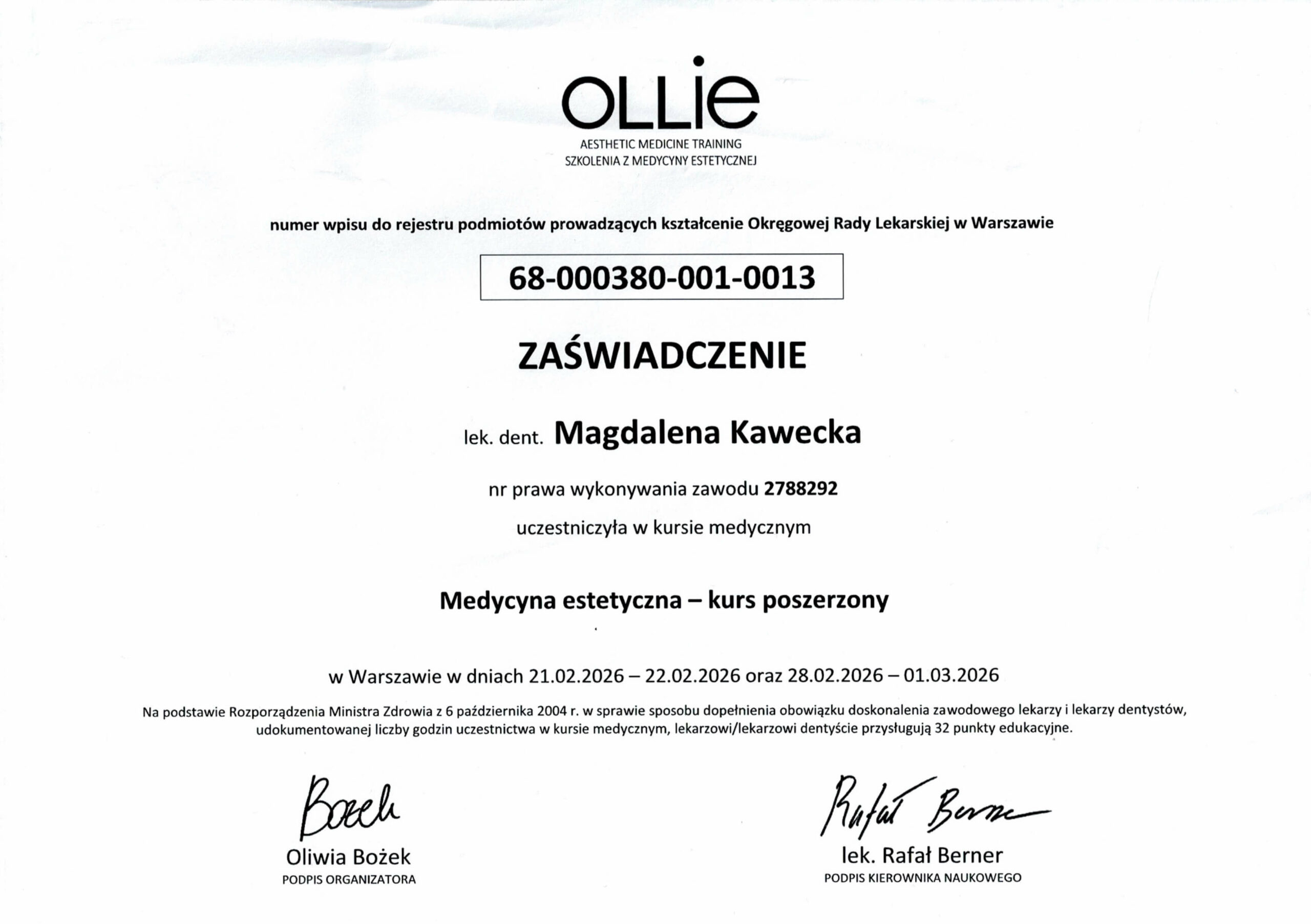 certyfikat Medycyna estetyczna – kurs poszerzony