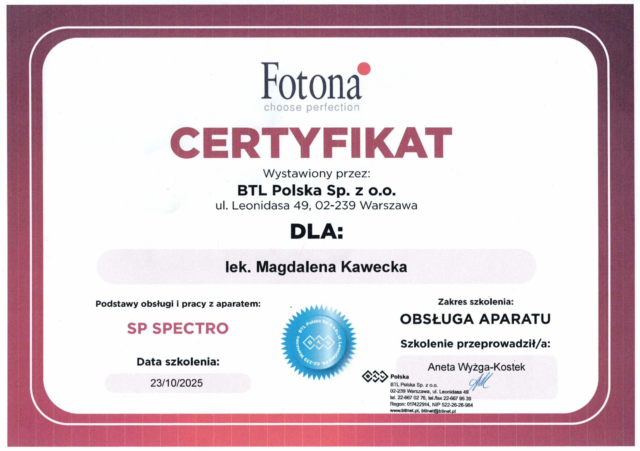 certyfikat OBSŁUGA APARATU