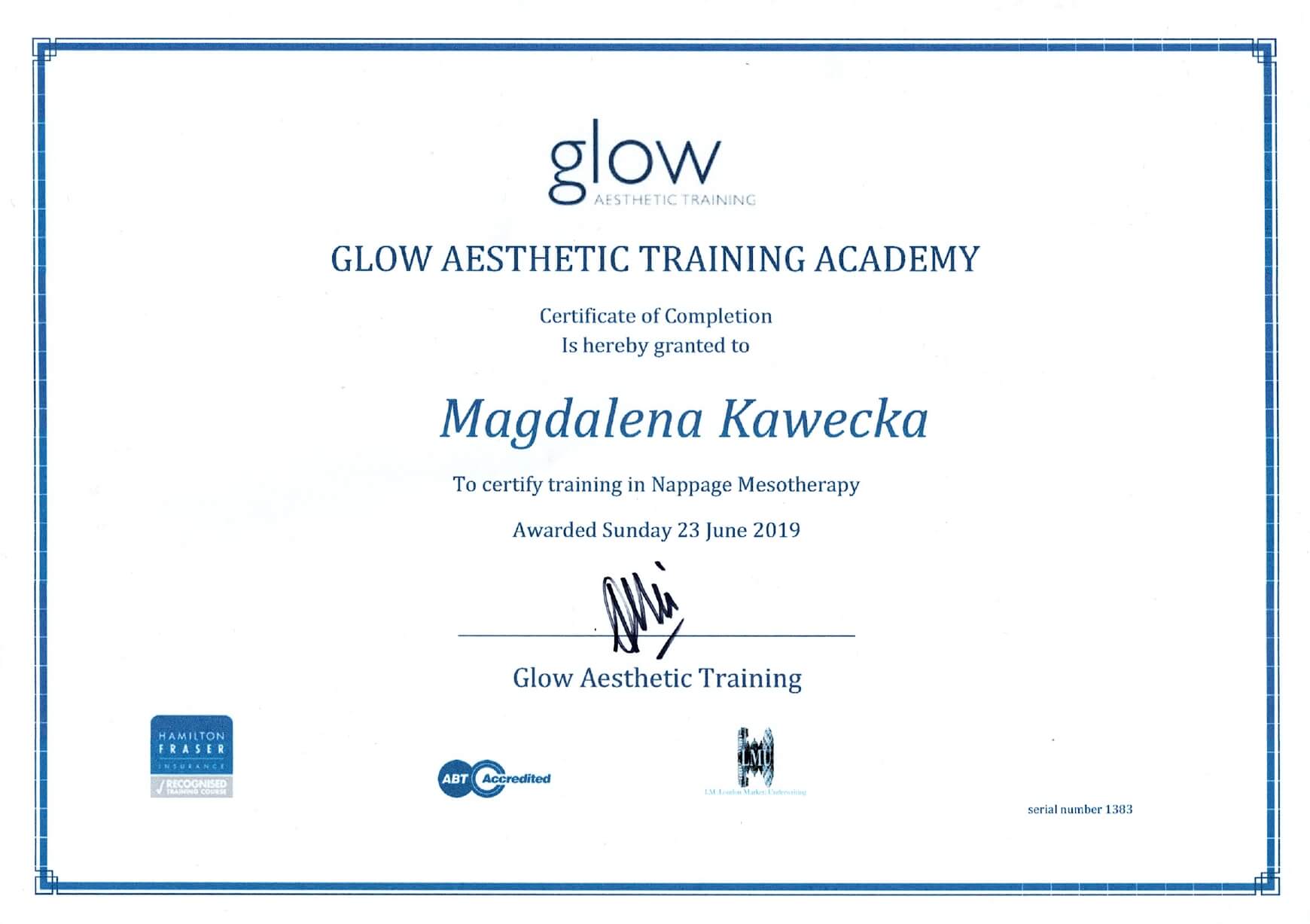certyfikat To certify training in Nappage Mesotherapy