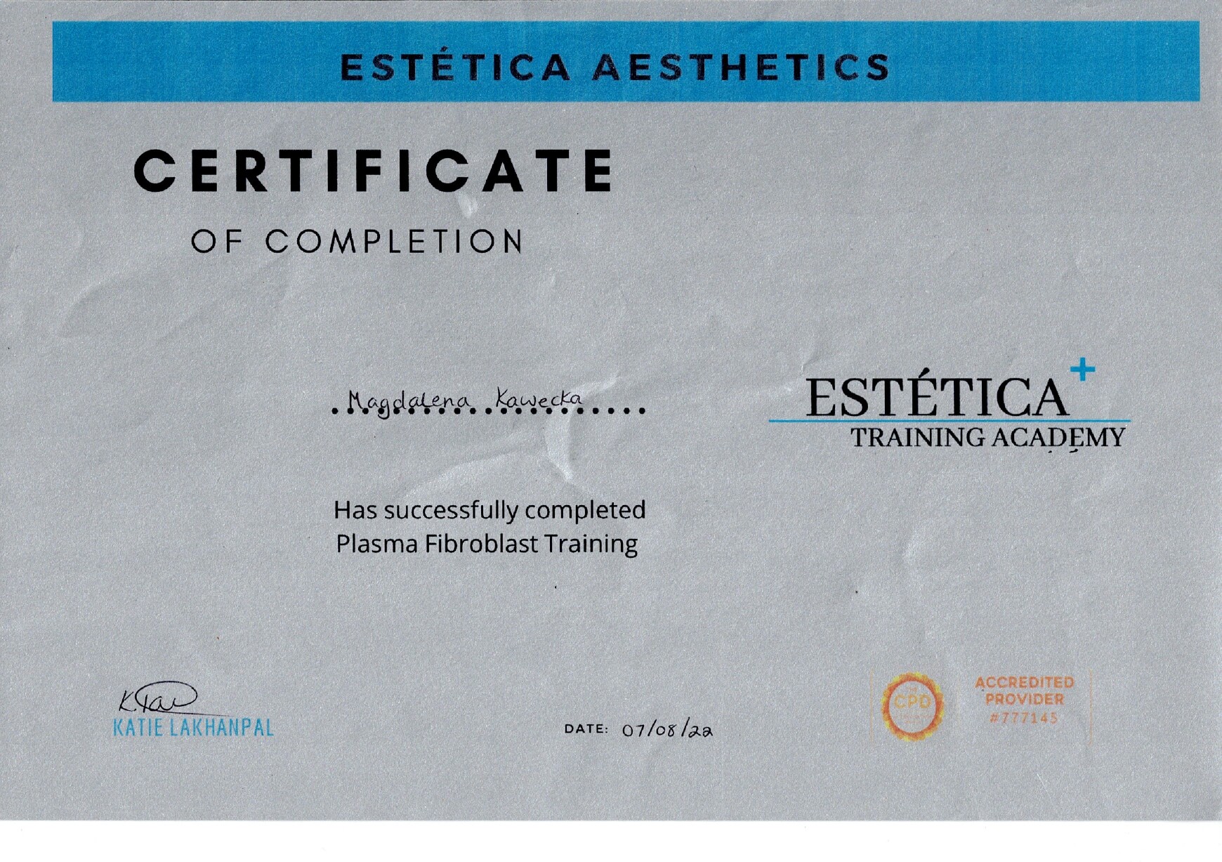 certyfikat ESTÉTICA TRAINING ACADEMy