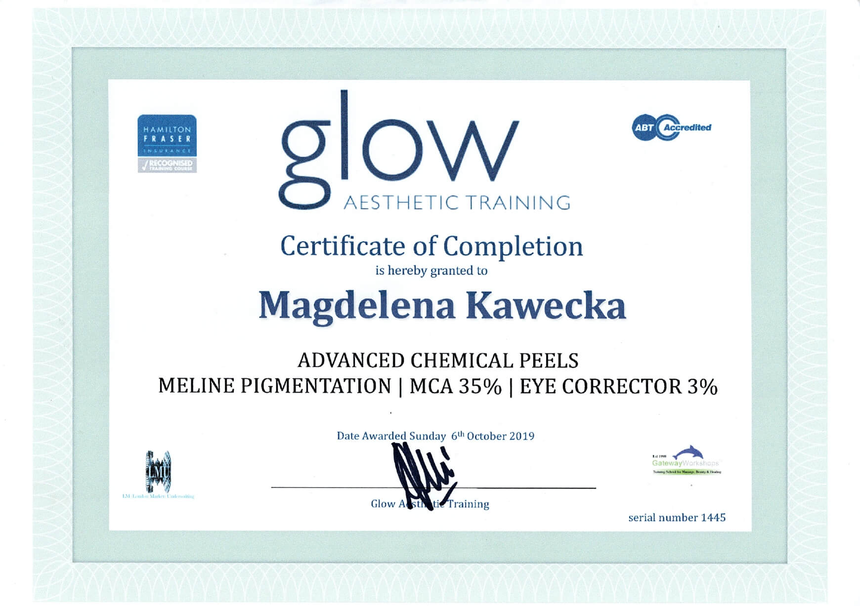 certyfikat CCESSFULLY COMPLETED THE ARTISTIC FACIAL TRANSFORMATION COURSE FOR THE USE OF DERMAL FILLERS AT DERMA MEDICAL TRAINING ACADEMY.