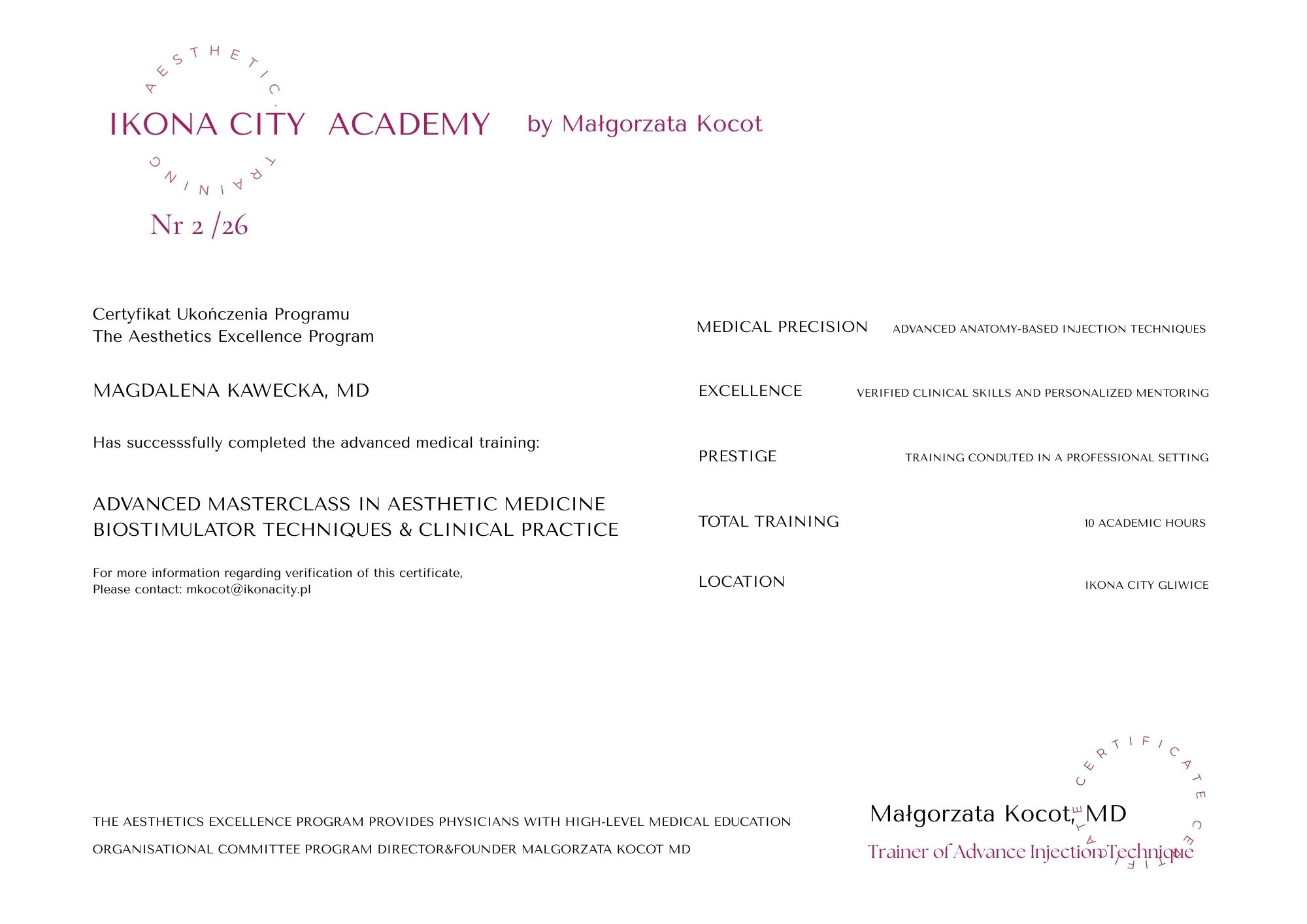 certyfikat medycyny estetycznej advanced masterclass in aestheic medicine biostimulator techniques & clinical practice