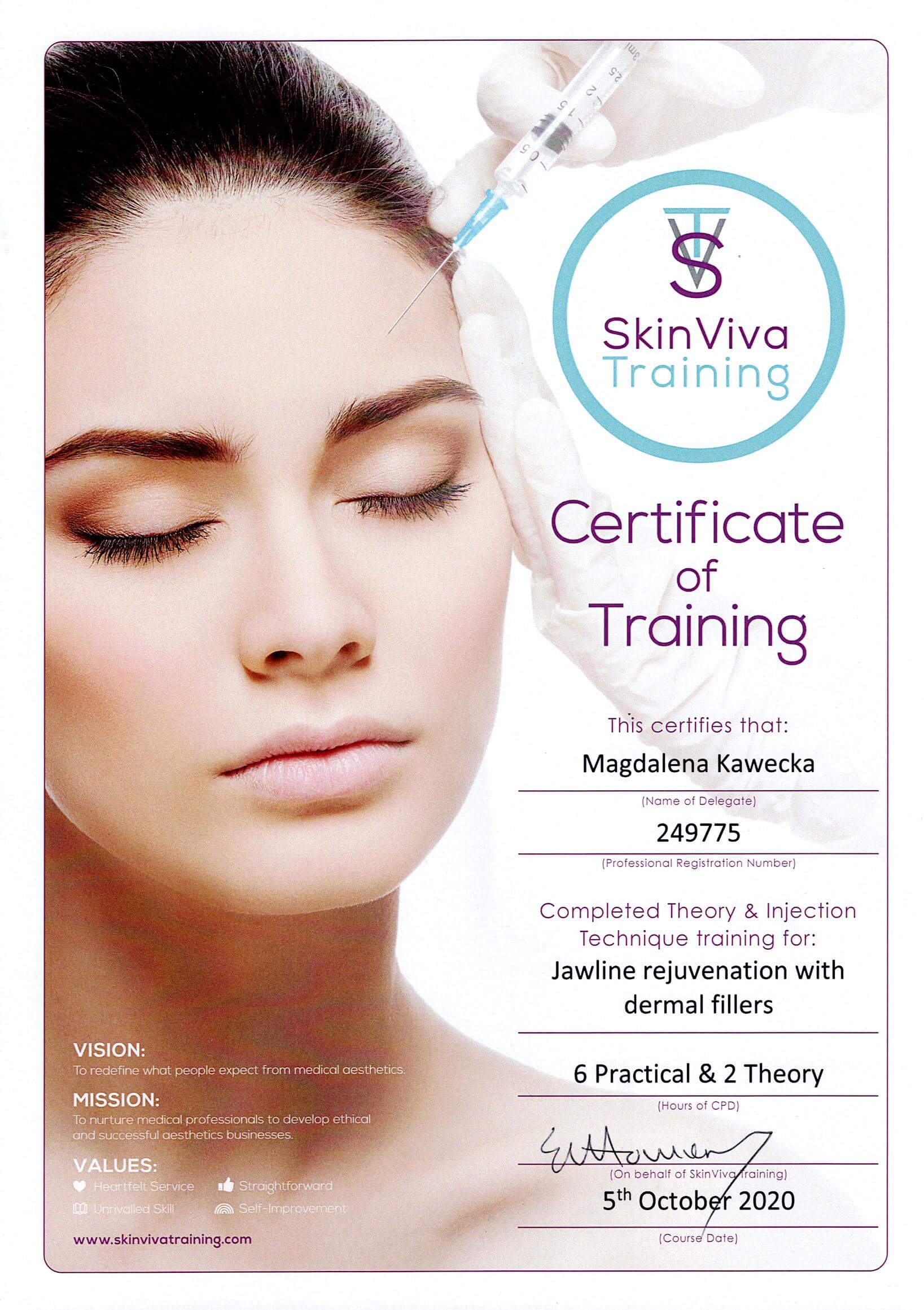 certyfikat medycyny estetycznej Completed Theory & Injection Technique training for: Jawline rejuvenation with dermal fillers